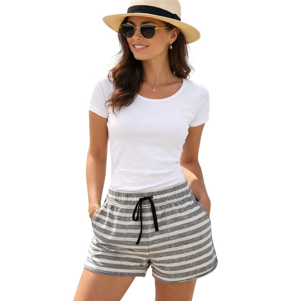 Talbots Stripe Drawstring Shorts Size MP Petite Black White Pull On